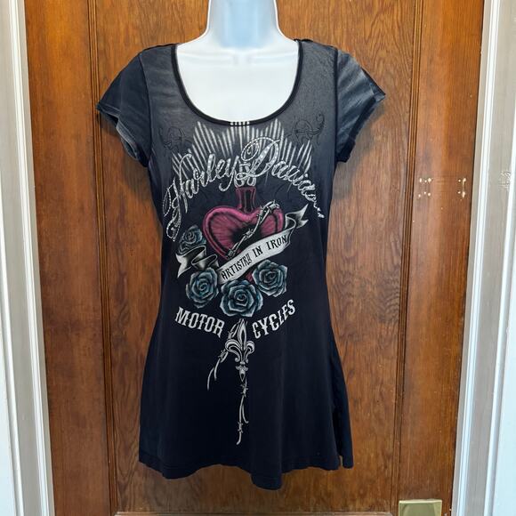 Harley Davidson Artistry in Iron Sacred Heart Rhinestone Y2K T Flawed Small - Picture 1 of 10